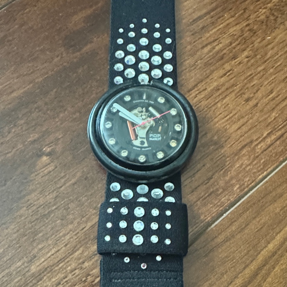 Swatch Pop Swatch Watch Black Studded Rhinestones, Vintage, Rare!